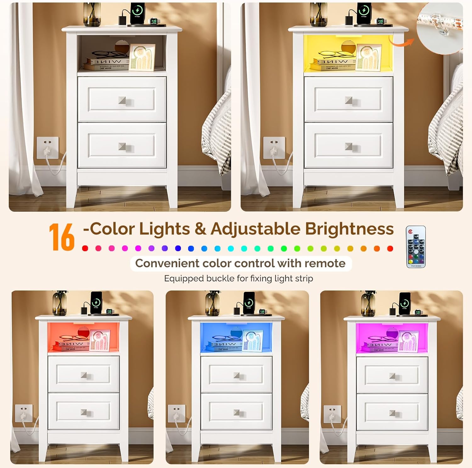 Bonnlo White Nightstand Set of 2 with Charging Station & Led Lights Night Stands White Bedside Table, Wooden Nightstands with Drawers, Modern Nightstand for Bedroom, 15.75' W*13.78' D*23.62' H