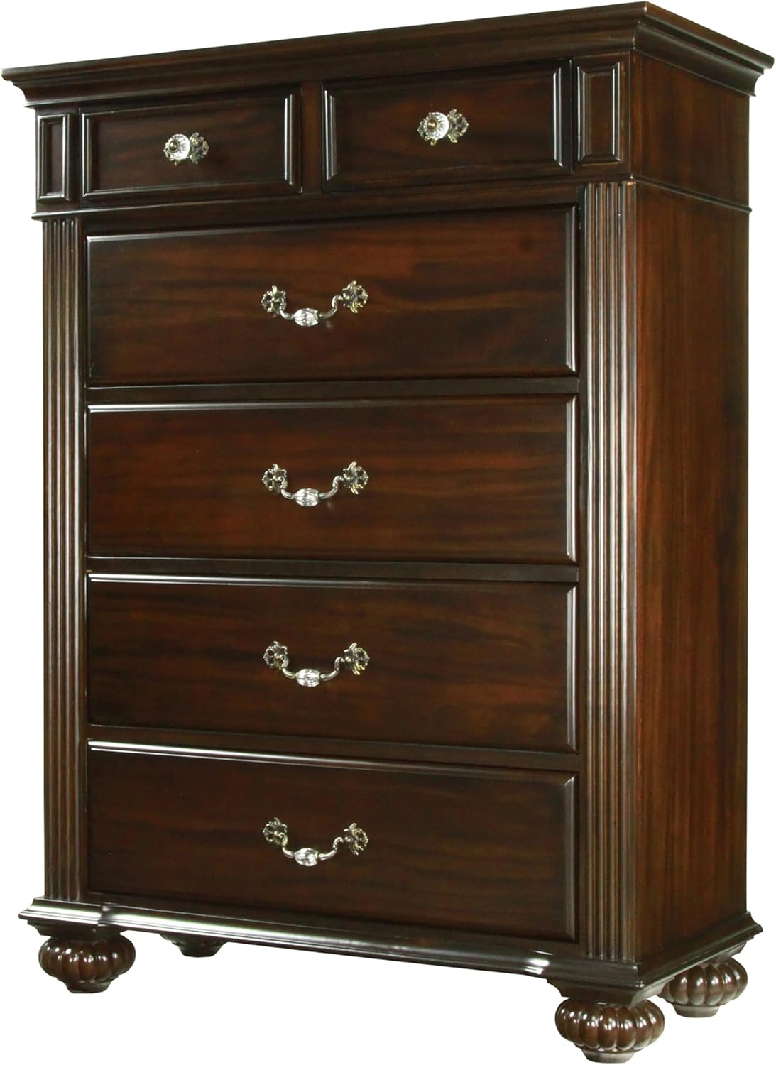 24/7 Shop at Home Syracuse 6-Piece Traditional Solid Wood Bedroom Set with Chest, Mirrored-Dresser and 2 Nightstands, Box Spring Required for Bedroom, Guest Room, Queen, Walnut