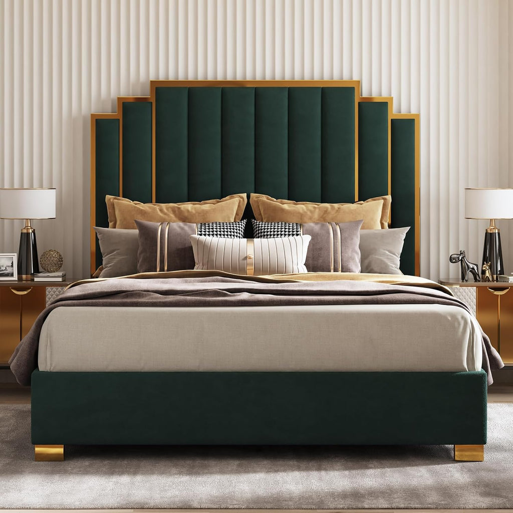 AMERLIFE California King Size Upholstered Bed, Modern Velvet Bed Frame with 65.4' Tall Gold Trim Headboard, No Box Spring Needed, Green