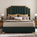 AMERLIFE California King Size Upholstered Bed, Modern Velvet Bed Frame with 65.4' Tall Gold Trim Headboard, No Box Spring Needed, Green