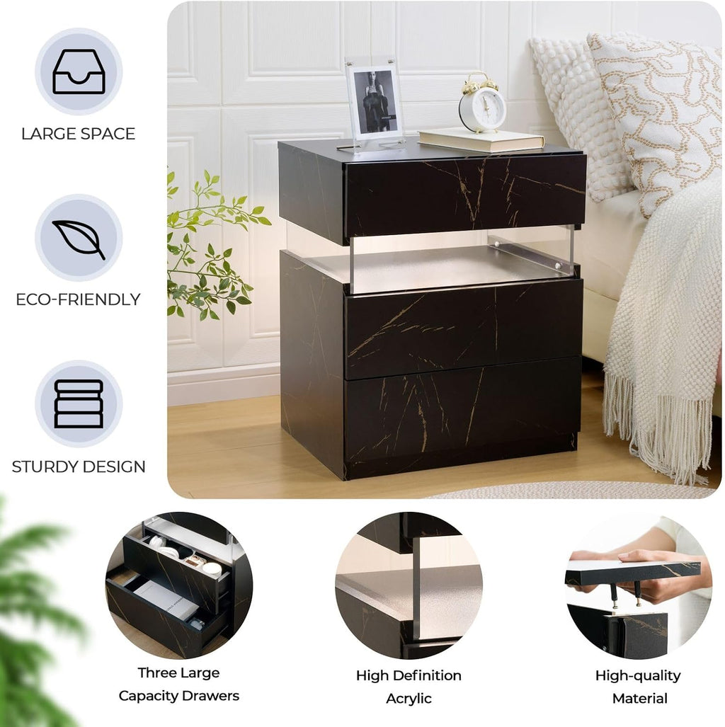 i-aplus LED Nightstand Set of 2,Night Stand Set 2,Modern Night Stand with 3 Drawers,Night Stands for Bedroom Set of 2,Bedside Table with Silent Slide Drawer