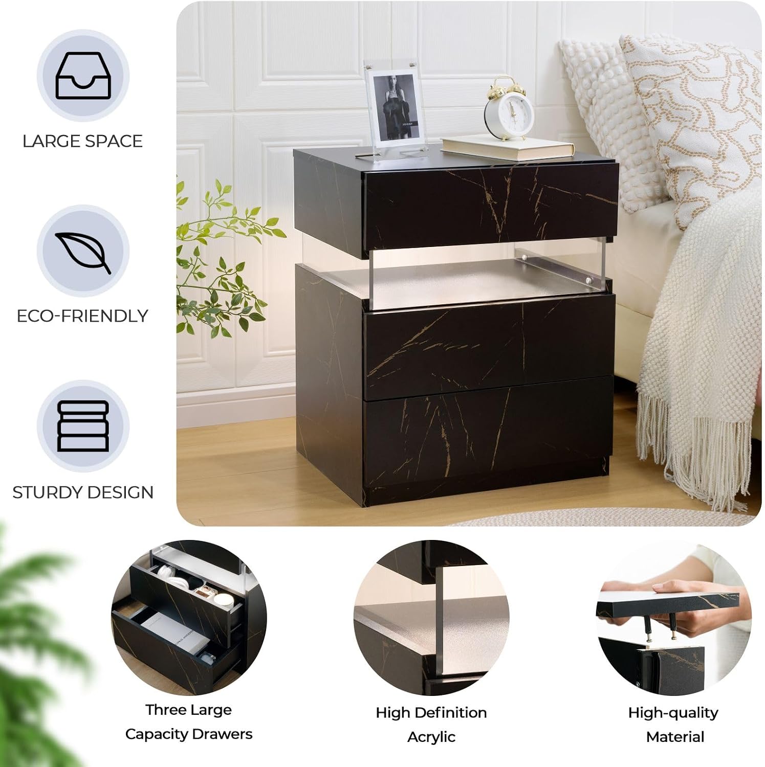 i-aplus LED Nightstand Set of 2,Night Stand Set 2,Modern Night Stand with 3 Drawers,Night Stands for Bedroom Set of 2,Bedside Table with Silent Slide Drawer