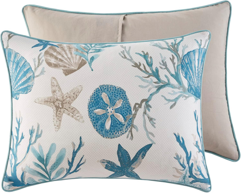 Madison Park Pebble Beach 100% Cotton Comforter Set - Coastal Coral, Starfish Design All Season Down Alternative Cozy Bedding with Matching Shams, Decorative Pillow, Queen(90'x90') Aqua 7 Piece