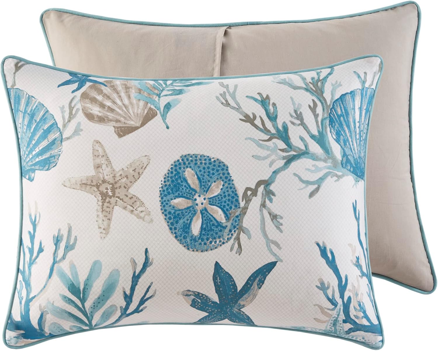 Madison Park Pebble Beach 100% Cotton Comforter Set - Coastal Coral, Starfish Design All Season Down Alternative Cozy Bedding with Matching Shams, Decorative Pillow, Queen(90'x90') Aqua 7 Piece