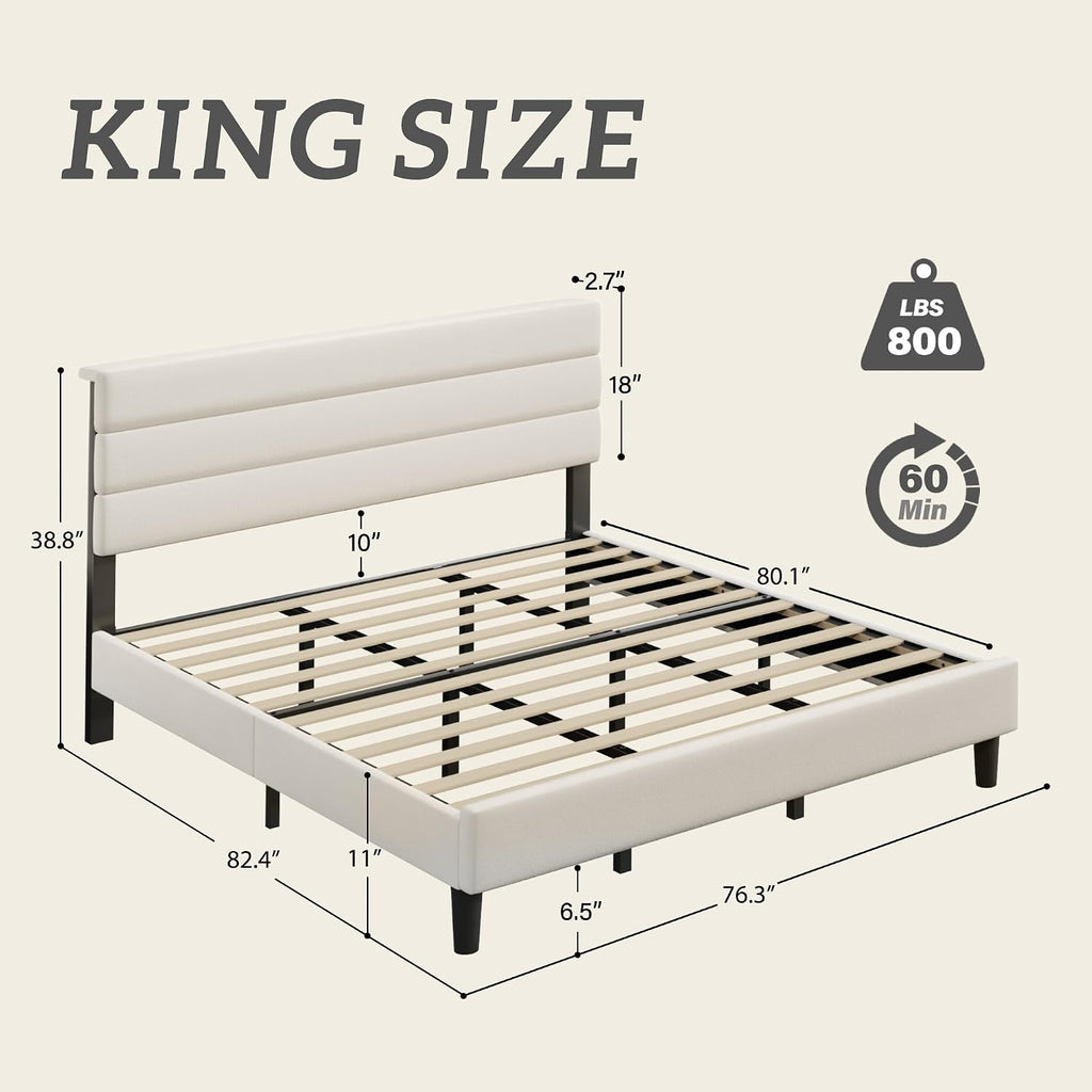 Fluest King Size Bed Frame, Platform Bed Frame with Velvet Upholstered Headboard, No Box Spring Needed, Sturdy Metal Support, Noise Free, Easy Assembly, Beige