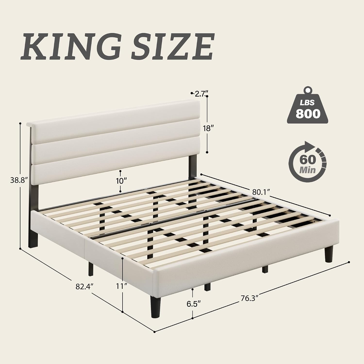 Fluest King Size Bed Frame, Platform Bed Frame with Velvet Upholstered Headboard, No Box Spring Needed, Sturdy Metal Support, Noise Free, Easy Assembly, Beige
