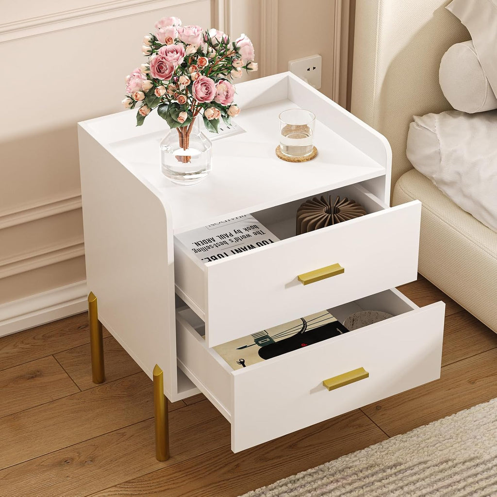 Vabches Nightstand Set of 2 with Built-in Charging Station, White Mid Century Modern Nightstand for Bedroom, Stylish End Tables for Lamps, Books