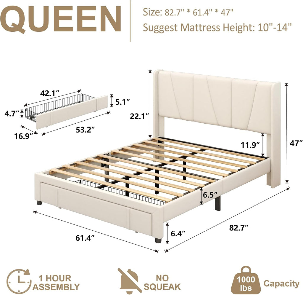 Queen Bed Frame with Storage Drawers, Upholstered Queen Size Platform Bed with 47' Tall Headboard and Wingboard, No Box Spring Needed, Noise Free, Easy Assembly, Wooden Support Slats, Beige