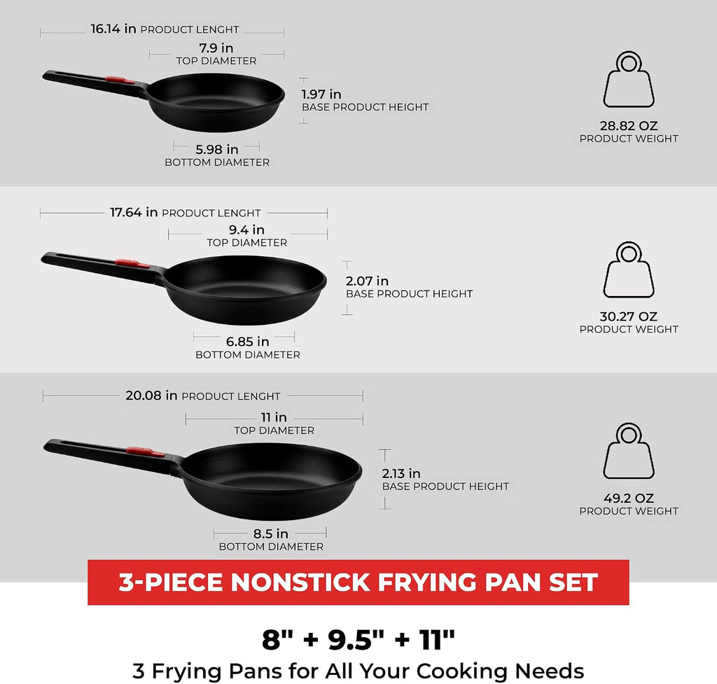 BRA COOKWARE Infinity 3-Piece Nonstick Frying Pan Set | 8, 9.5 & 11 Inch Cast Aluminum Skillet Set | Removable Handle | PFOA/PFAS Free Fry Pans | All Cooktops incl. Induction | Oven Safe Skillets