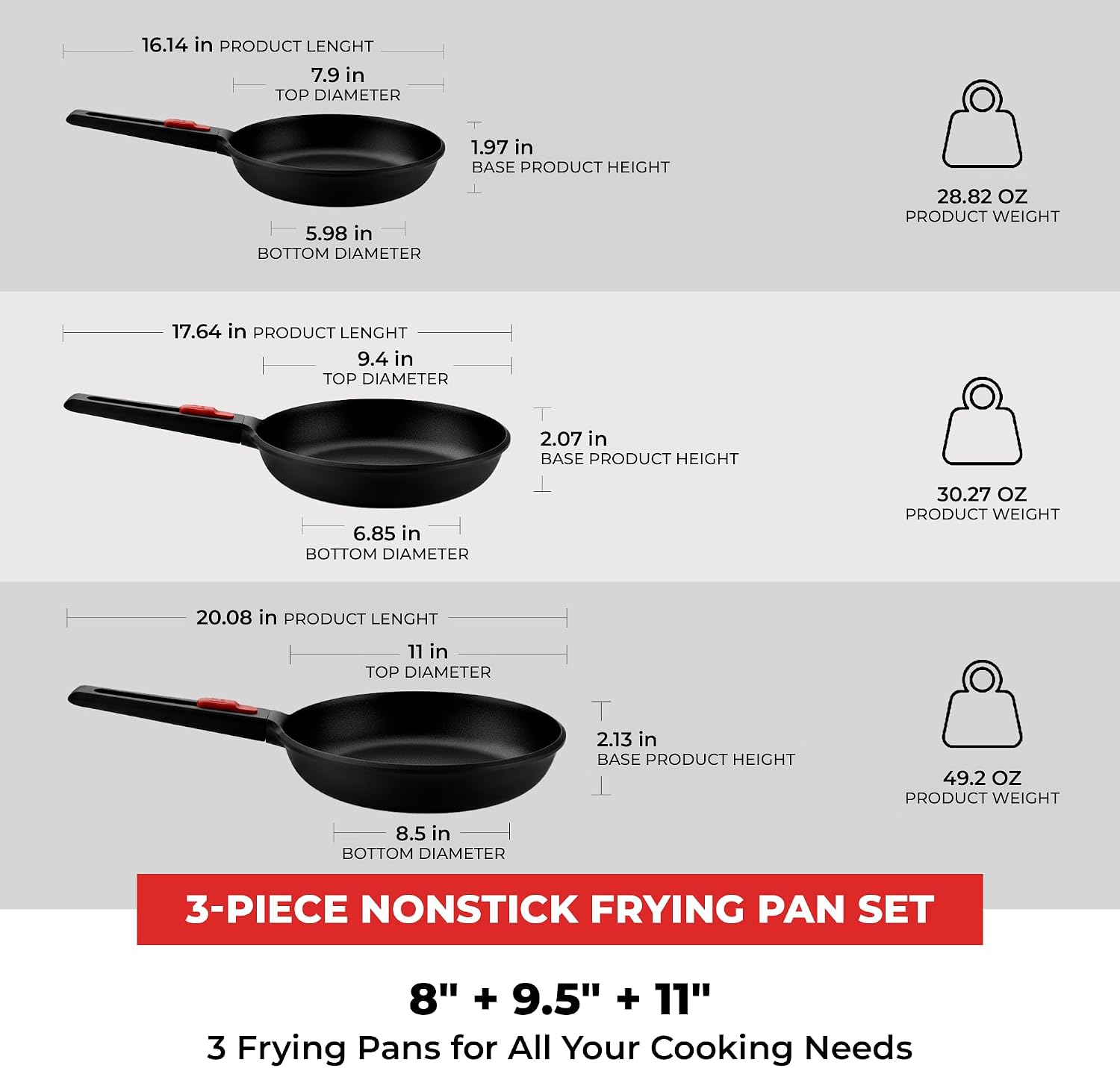 BRA COOKWARE Infinity 3-Piece Nonstick Frying Pan Set | 8, 9.5 & 11 Inch Cast Aluminum Skillet Set | Removable Handle | PFOA/PFAS Free Fry Pans | All Cooktops incl. Induction | Oven Safe Skillets