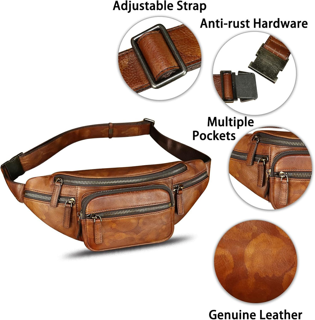 Genuine Leather Fanny Packs for Women and Men Waist Bag Vintage Hip Bum Bag Over Shoulder Crossbody Sling Bag (Multicolor)