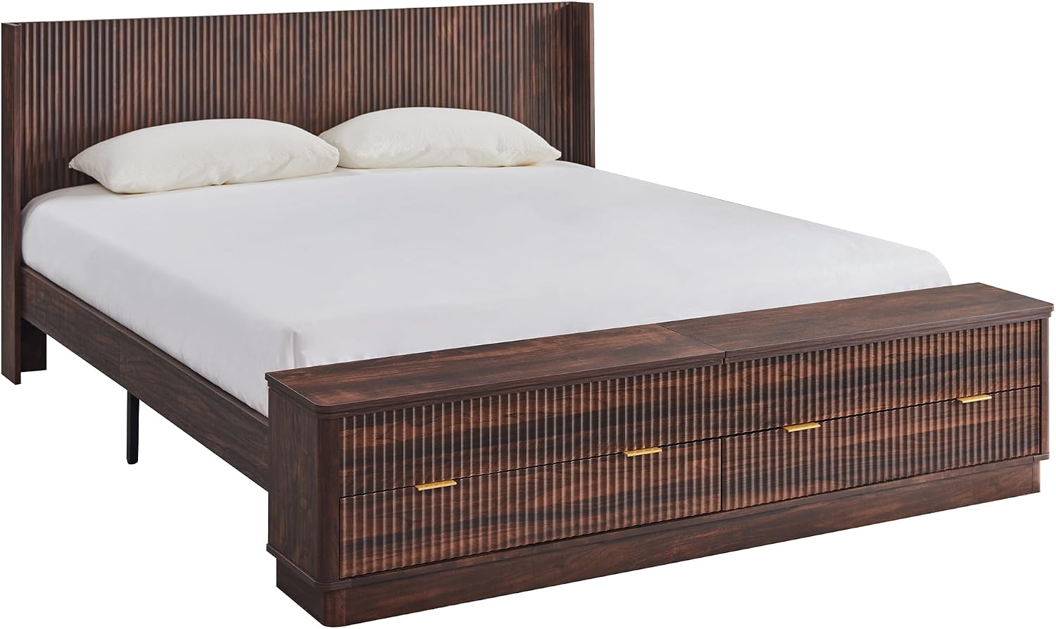 T4TREAM Fluted King Size Bed Frame with Wingback Headboard, Footboard Storage Bench with Built-in Drawers & Lift-Up Compartments, Wood & Steel Platform Bed, No Box Spring Needed, Dark Walnut