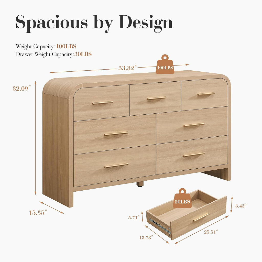 Curved 7-Drawer Dresser for Bedroom, 53.82' Wide Modern Chest of Drawers, Vanity Desk TV Stand for Living Room, Closet Storage Drawers Organizer Furniture, Nursery, Hallway, Oak