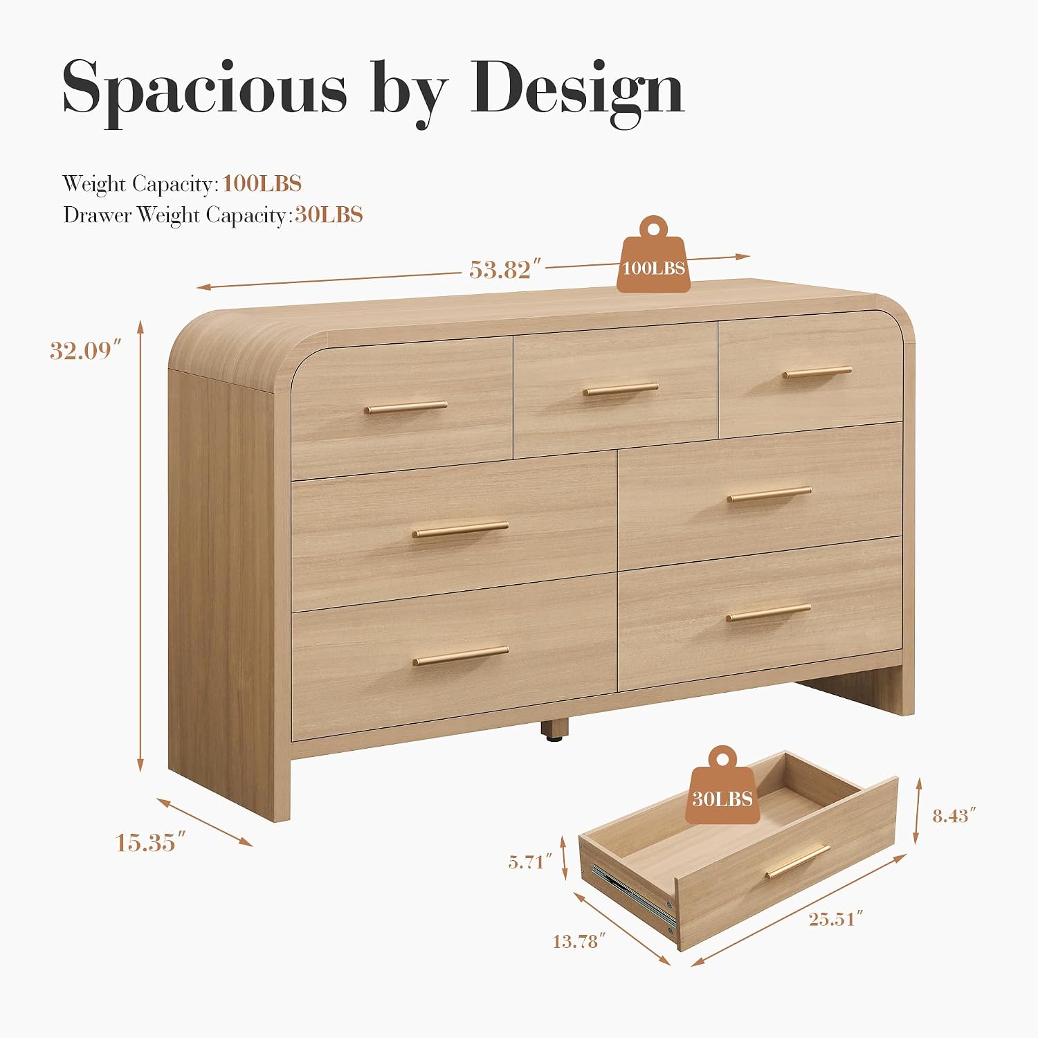 Curved 7-Drawer Dresser for Bedroom, 53.82' Wide Modern Chest of Drawers, Vanity Desk TV Stand for Living Room, Closet Storage Drawers Organizer Furniture, Nursery, Hallway, Oak