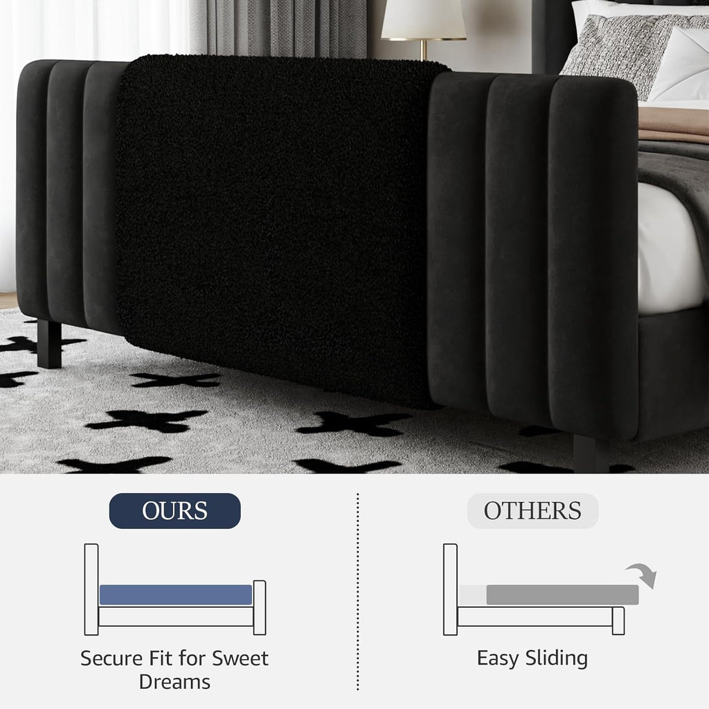 Lihimte Queen Size Bed Frame with Tall Headboard and Footboard, Boucle and Velvet Upholstered Bed Frame Queen with LED Lights, Modern Platform Bed Frames, Noiseless, Easy Assembly, Black