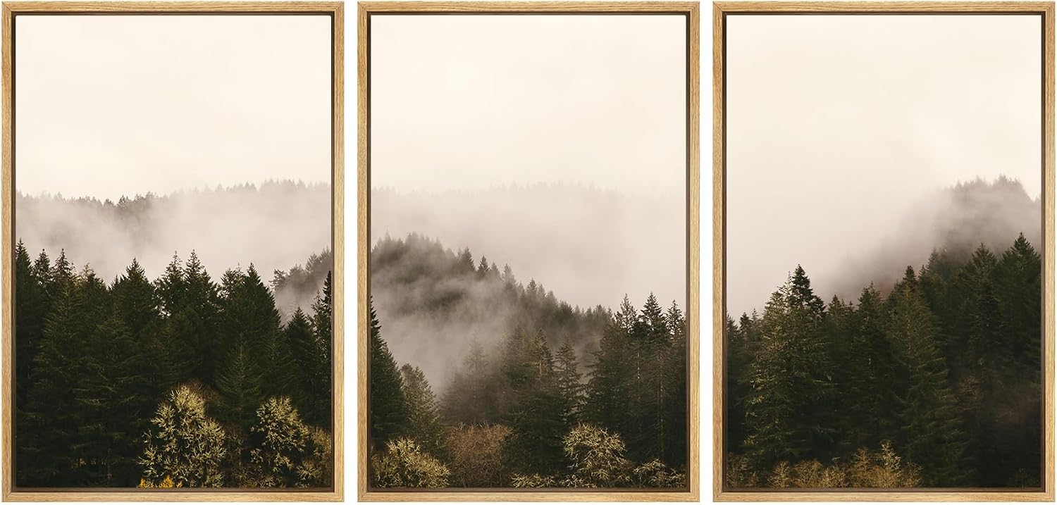 SIGNWIN 3 Piece Framed Canvas Wall Art Brown Foggy Mountains Nature Wilderness Photography Abstract Rustic Canvas Prints Home Artwork Decoration for Living Room,Bedroom - 16'x24'x3 Natural