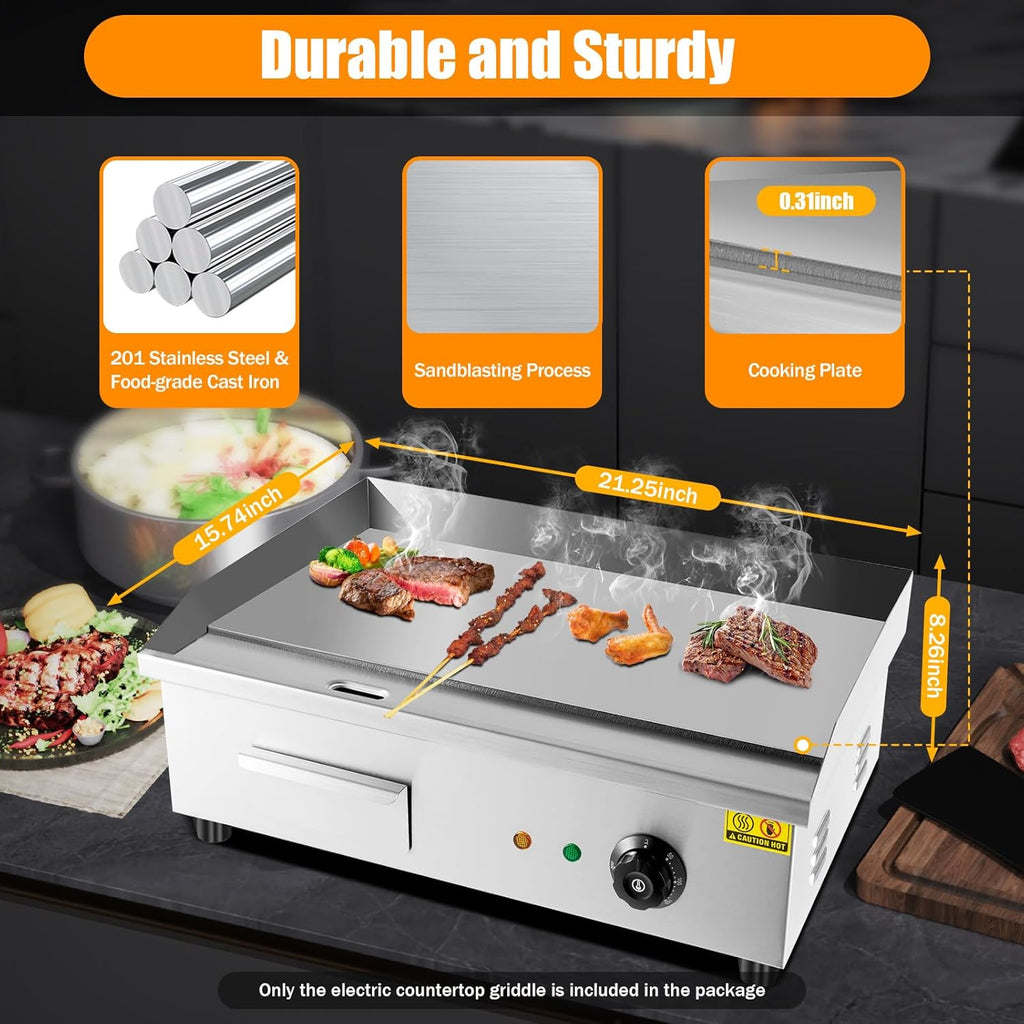 Electric Countertop Griddle, 3000W 21.6'' Commercial Heavy Duty Restaurant Tabletop Flat Top Grill Machine Adjustable Temperature Control with US Plug