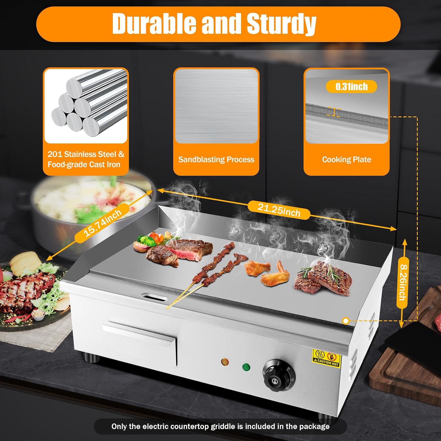 22' Commercial Electric Griddle 3000W Restaurant Countertop Griddle Stainless Steel Flat Top Grill Adjustable Temperature Control 122°F-572°F for Fast Food Restaurants Canteens
