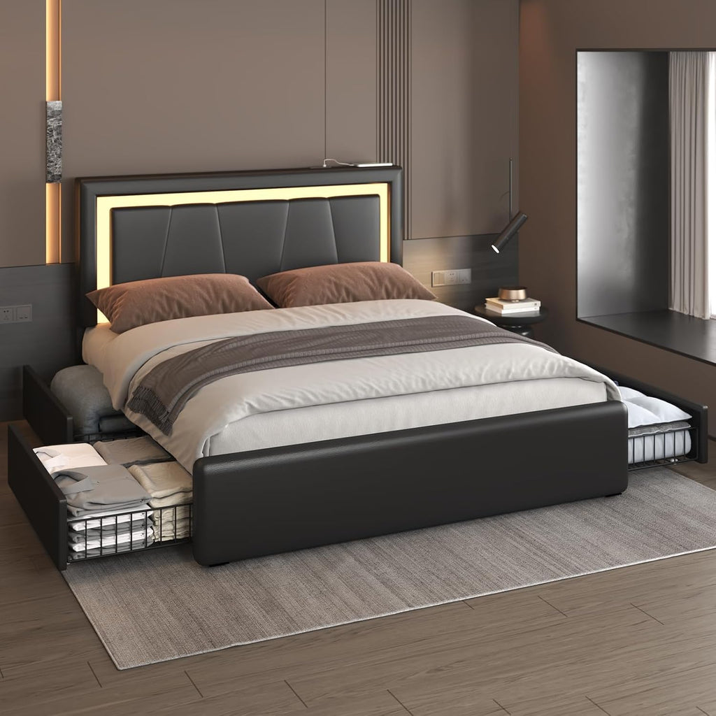 Benevika Full Bed Frame with 4 Storage Drawers and Adjustable Headboard, Upholstered Platform Bed with LED Lights and USB Ports, Solid Wooden Slats Support, Faux Leather, Easy Assembly, Black