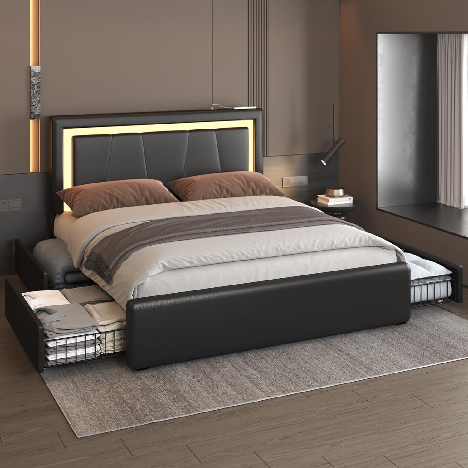 Benevika Full Bed Frame with 4 Storage Drawers and Adjustable Headboard, Upholstered Platform Bed with LED Lights and USB Ports, Solid Wooden Slats Support, Faux Leather, Easy Assembly, Black