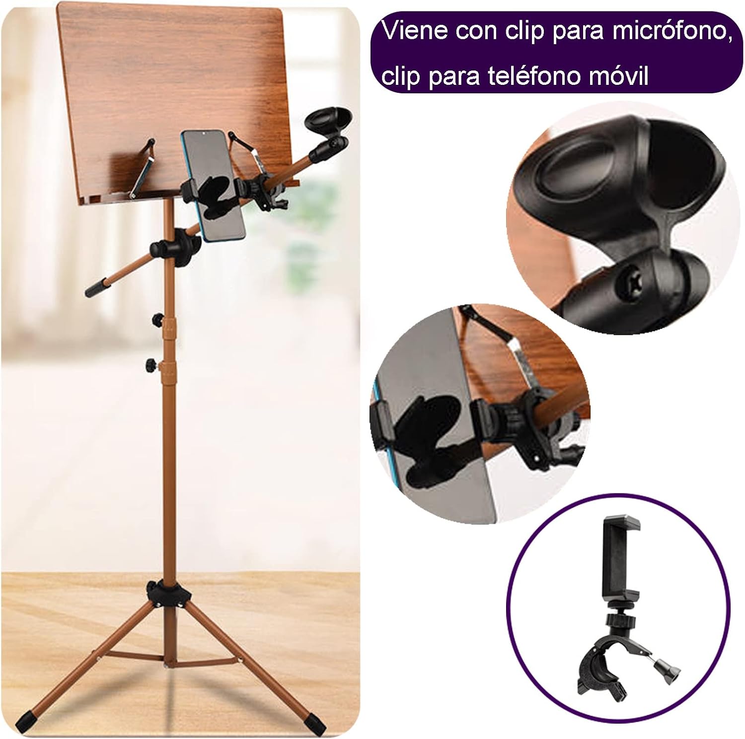 Dual-use Sheet Music Stand & Desktop Book Stand, Guitar Music Stand, Not Easy to Collapse Or Shake, and Beautiful, Music Stand with Phone Holder Microphone Holder,Wood-17cm*45cm*75cm