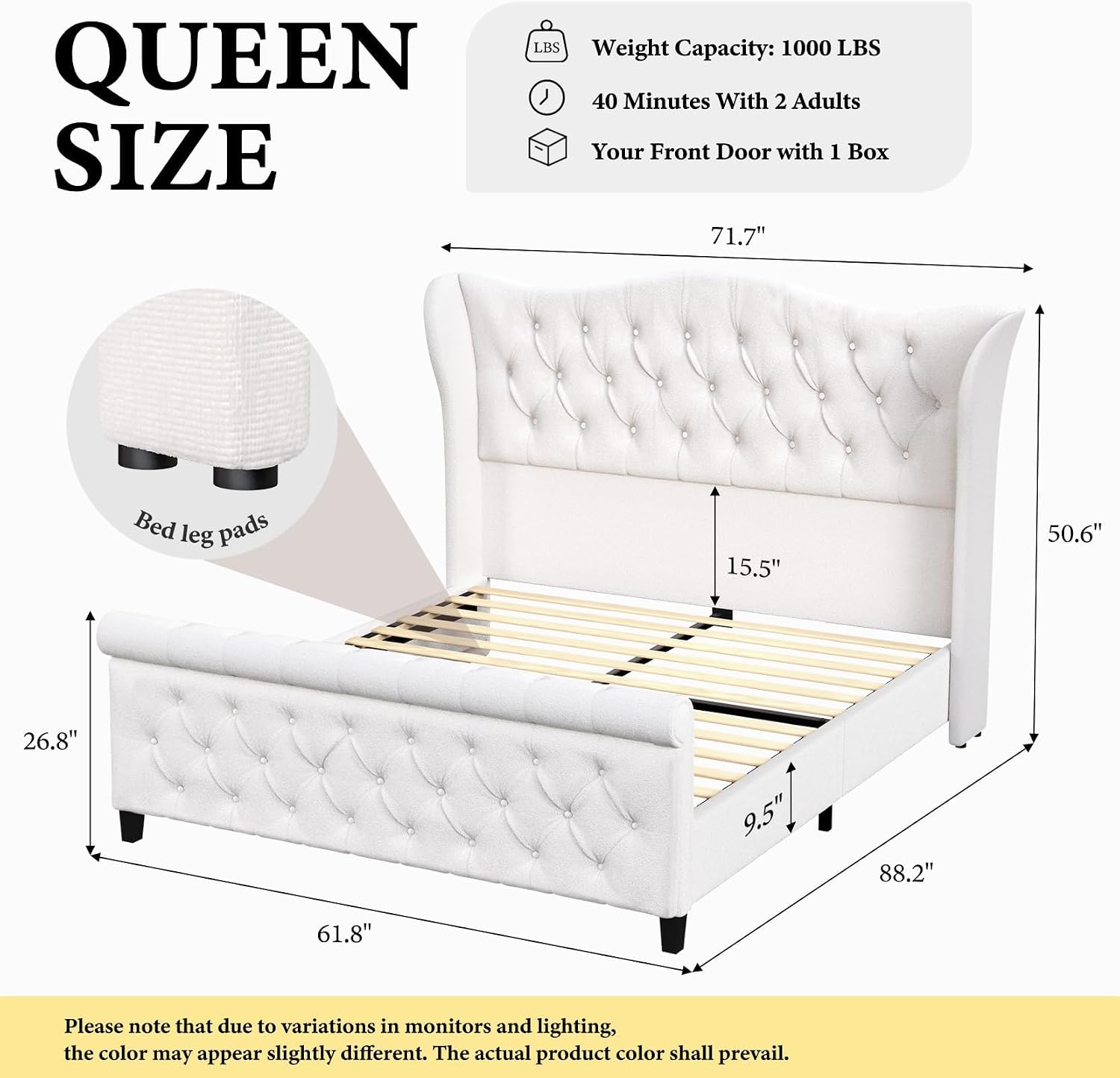 koorlian Queen Size Bed Frame,Chenille Upholstered Sleigh Bed with Scroll Wingback Headboard & Footboard,Luxury & Soft Button Tufted Queen Modern Bed,Easy Assembly,No Box Spring Needed