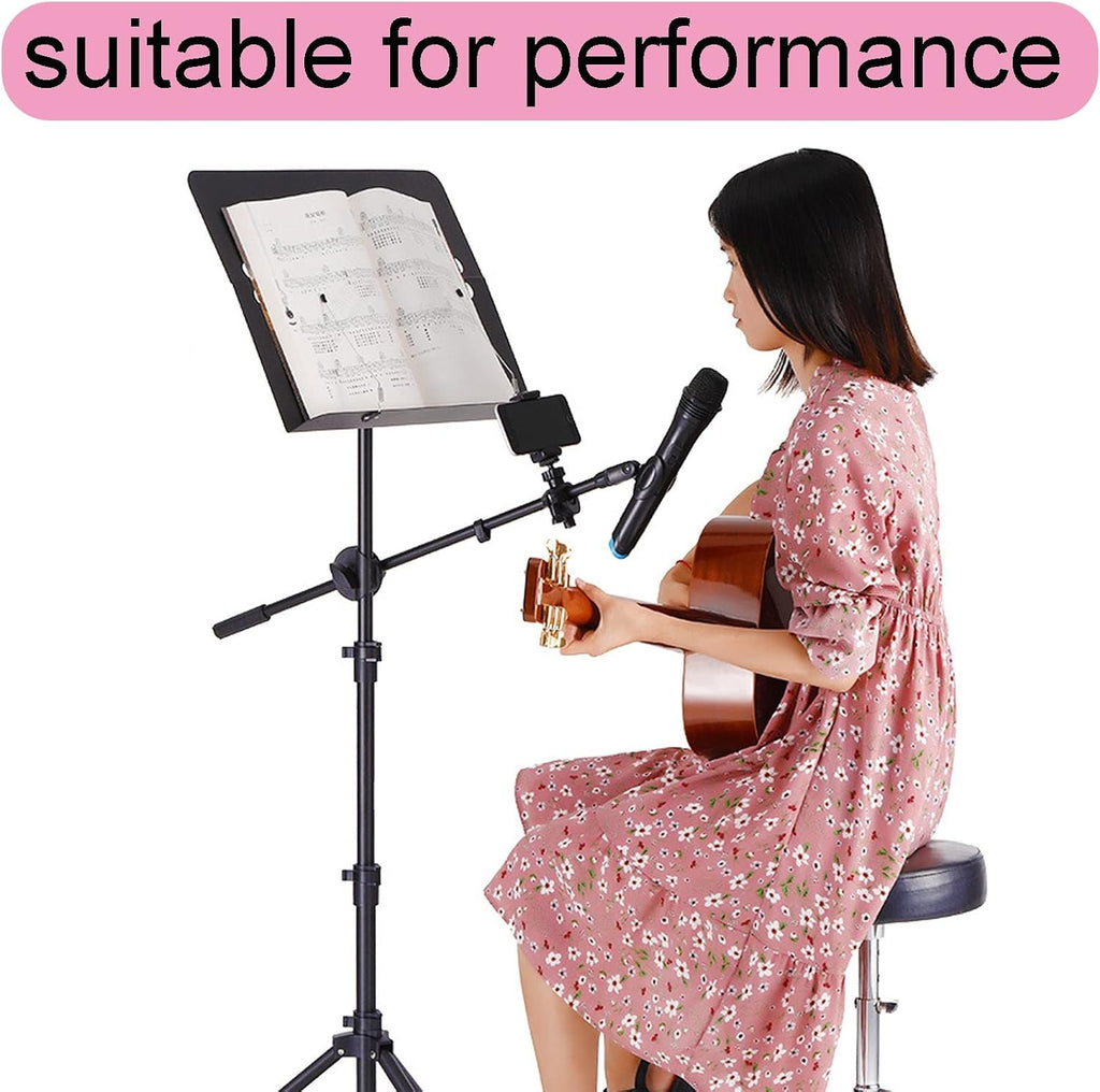 Extra Stable Metal Music Stand, Metal Folding Sheet Music Stand, Wide Tray, Strong Metal Tripod, Strongers Load Capacity, Music Stand with Phone Holder Microphone Holder,