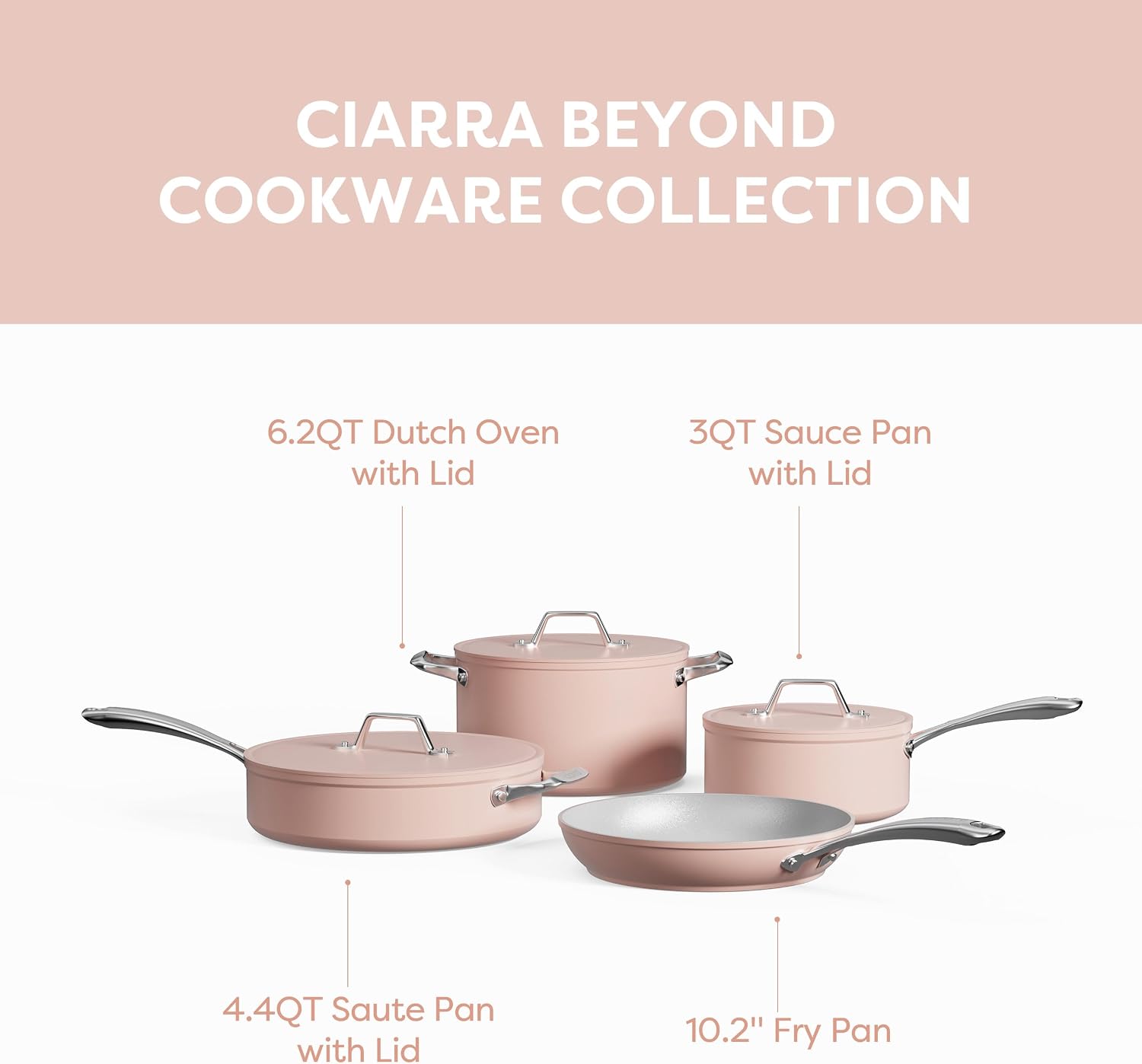 CIARRA Non Stick Cookware Set, Ceramic Pots and Pans Set with Lid, Non Toxic Cooking Set, PTFE & PFOA Free, Oven Safe & Compatible with All Stovetops, Pink