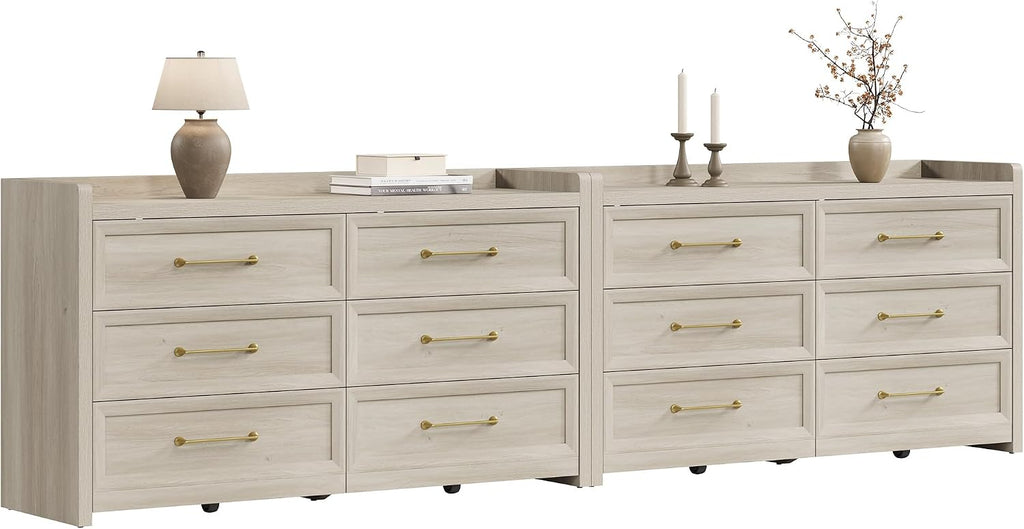 SICOTAS 6 Drawer Dresser for Bedroom-112.8' Extra-Wide Wooden Chest of Drawers with Large Storage, Long Dresser TV Stand with Drawers, Farmhouse Closet Dressers for Nursery, Grey White Oak, 2PCS