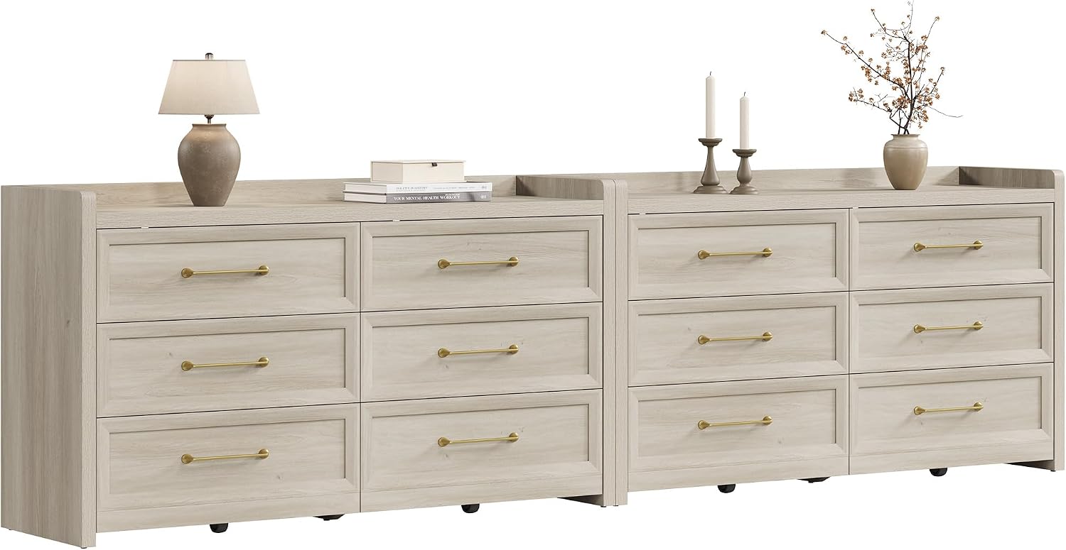 SICOTAS 6 Drawer Dresser for Bedroom-112.8' Extra-Wide Wooden Chest of Drawers with Large Storage, Long Dresser TV Stand with Drawers, Farmhouse Closet Dressers for Nursery, Grey White Oak, 2PCS