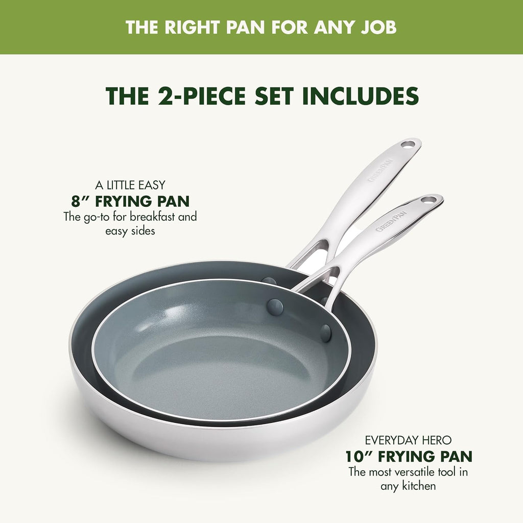 GreenPan Valencia Pro Tri-Ply Stainless Steel 8' & 10' Frying Pan Skillet Set, PFAS-Free Ceramic Nonstick Coating, Induction Ready Cookware, All Cooktops, Eggs & Omelets, Dishwasher & Oven Safe 600F