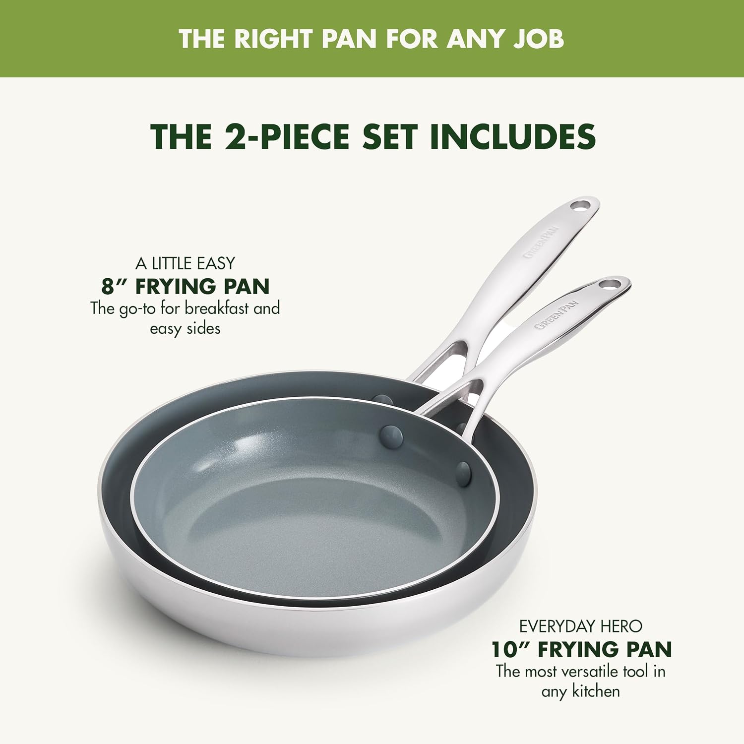 GreenPan Valencia Pro Tri-Ply Stainless Steel 8' & 10' Frying Pan Skillet Set, PFAS-Free Ceramic Nonstick Coating, Induction Ready Cookware, All Cooktops, Eggs & Omelets, Dishwasher & Oven Safe 600F