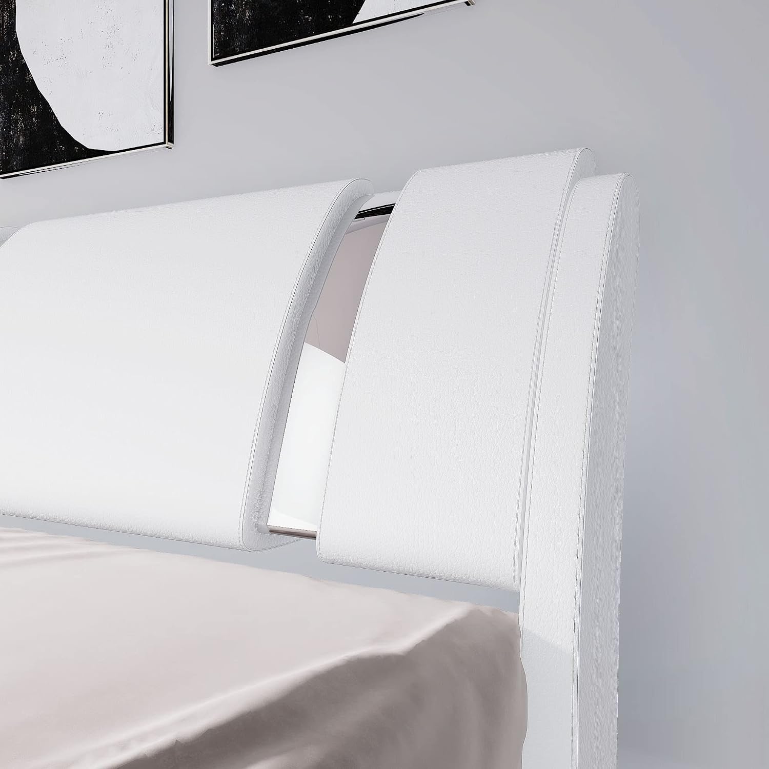 Allewie Queen Size Platform Bed Frame with Iron Piece Decor, Faux Leather Upholstered Bed with Curved Adjustable Headboard, Wooden Slats Support, No Box Spring Needed, Modern Style, White