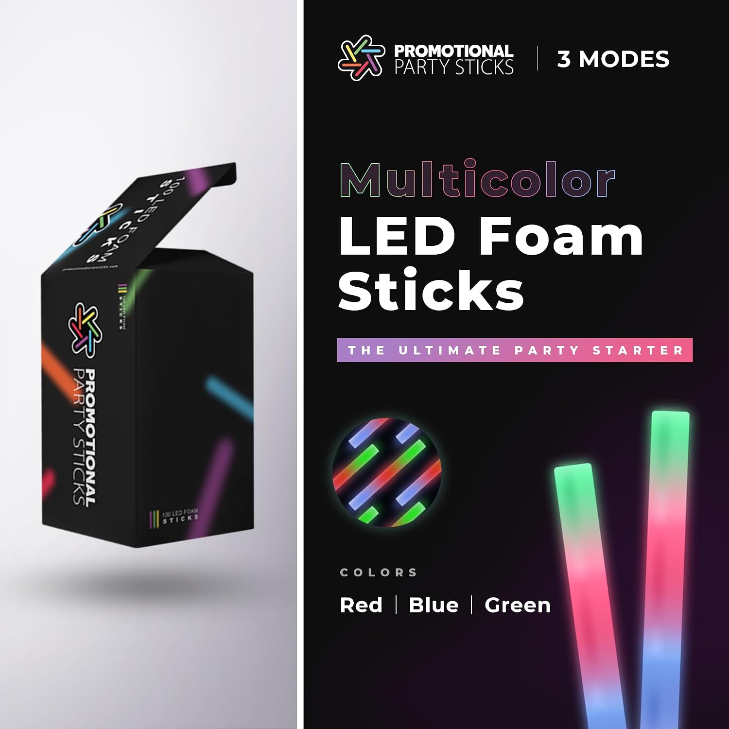 100 Pack - Multicolor LED Foam Sticks Glow Batons - 3 Modes - 18' - Great for Weddings and Parties