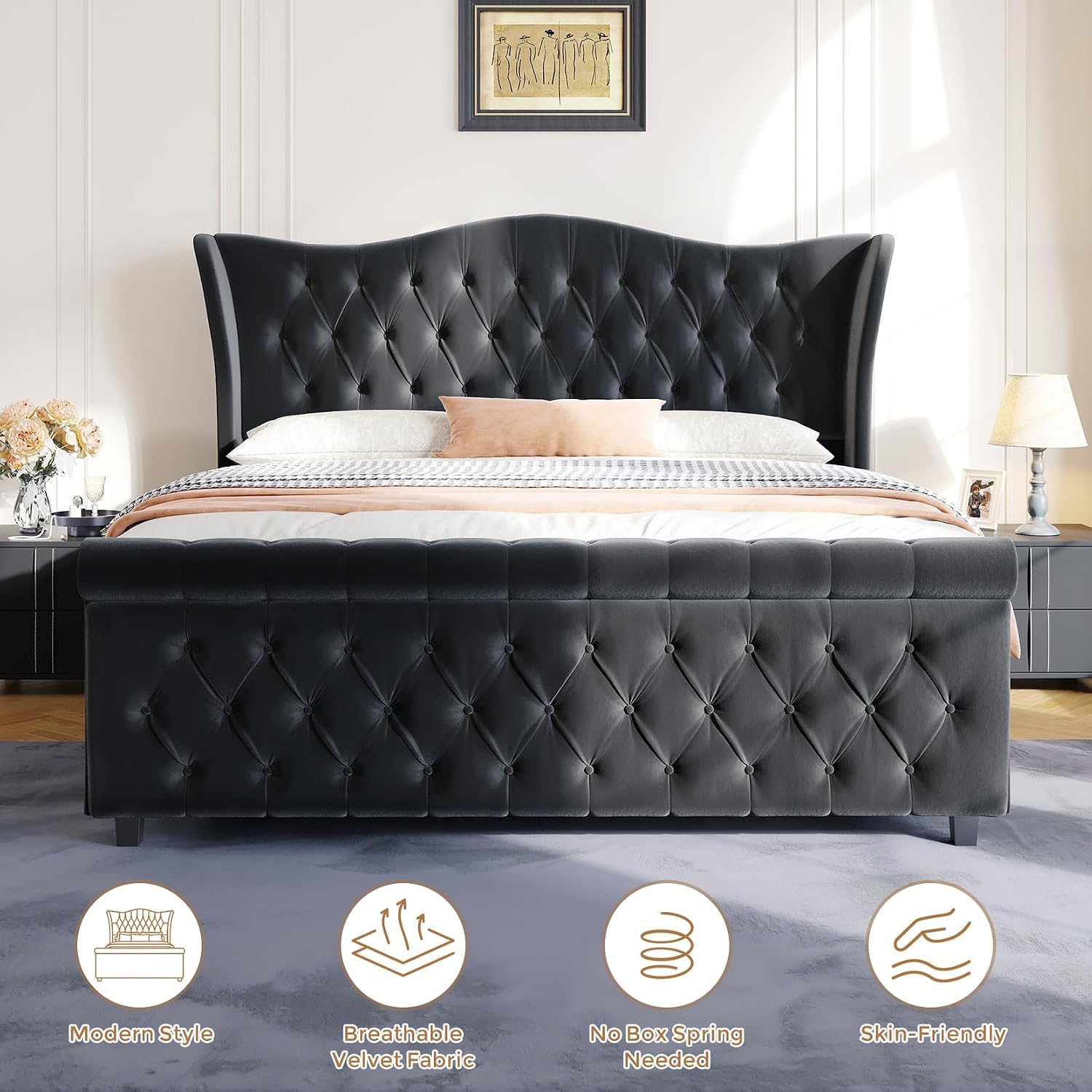 koorlian King Size Bed Frame,Velvet Upholstered Sleigh Bed with Scroll Wingback Headboard & Footboard,Luxury & Soft Button Tufted Modern Bed,Easy Assembly,No Box Spring Needed