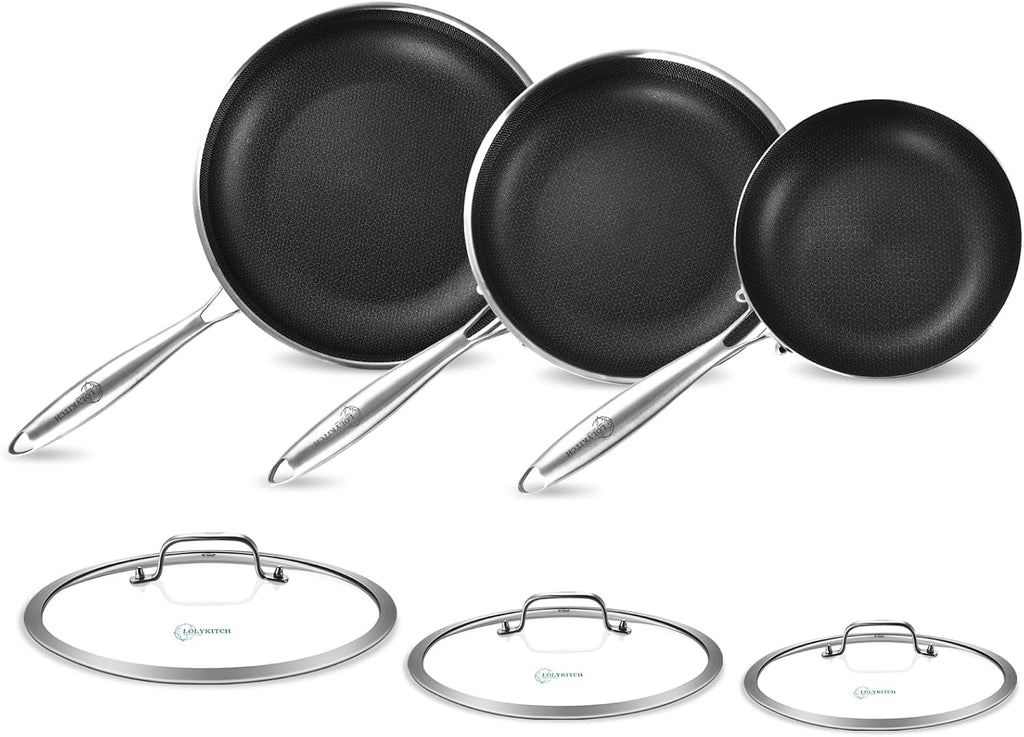 LOLYKITCH Frying Pan Set Nonstick, 8/10/12 Inch Stainless Steel Skillet with Detachable Handle and Glass Lids, Induction & Oven Safe, Professional Non-Toxic PFOA Free Pans for Everyday Cooking