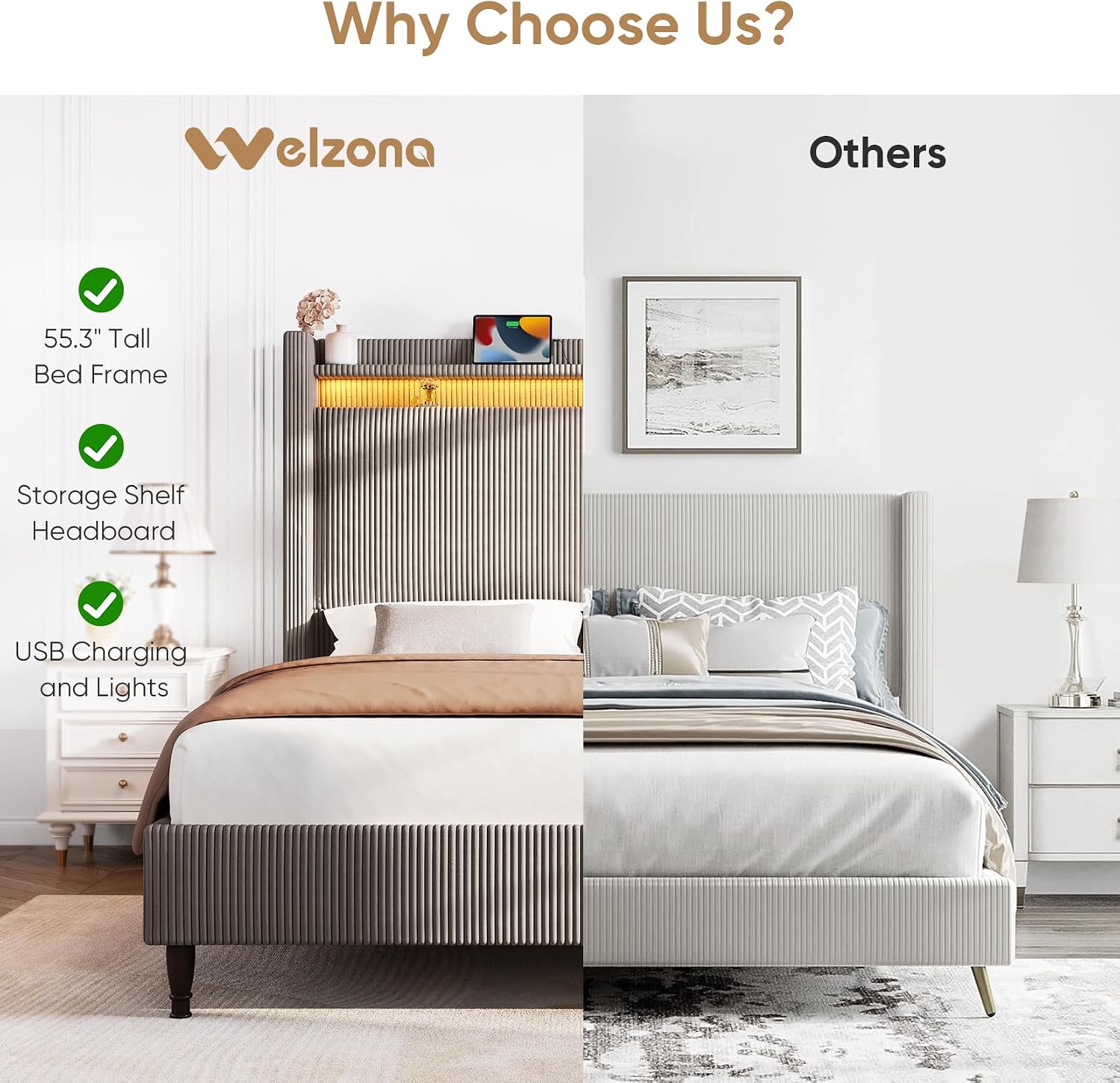 Queen Bed Frame with Tall Headboard, 55.3' Upholstered Platform Bed with LED Lights & Charging Station, Elegant Corduroy Bedframe, 2-tier Storage Wingback Headboard, No Box Spring Needed, Gray Brown