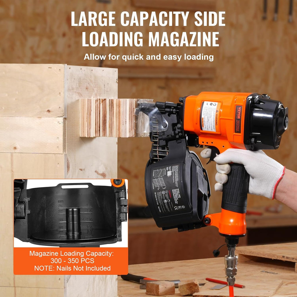VEVOR MCN55 Coil Siding Nailer, 70-120PSI Air Coil Nailer 1 inch to 2-1/4 inch 15 Degree Pneumatic Siding Nail Gun for Siding, Pallet Sheathing, Fencing, Decking