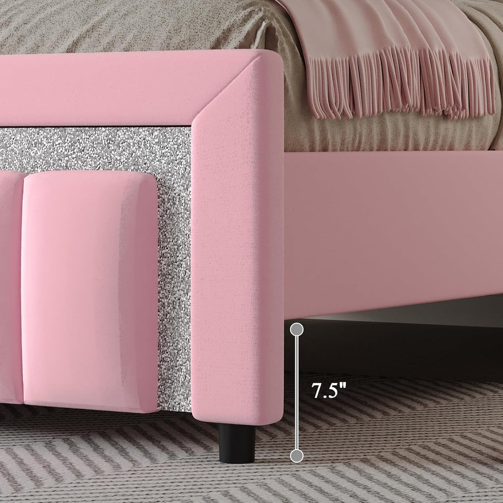 HOMBCK King Size Bed Frame, Velvet Upholstered Bed with Diamond Headboard, Modern Bed King Szie with Wooden Slats Support, No Box Spring Needed, Easy Assembly, Pink
