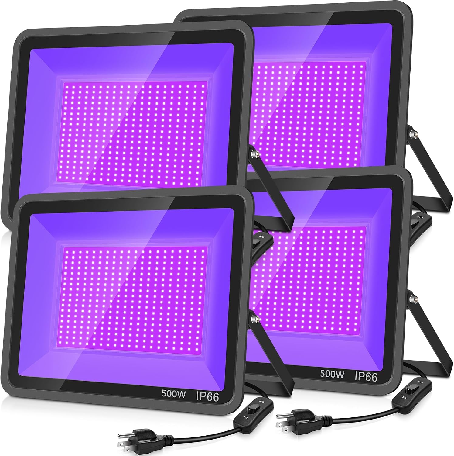 YANYCN 500W 4 Pack LED Black Light,Black Flood Light Outdoor with Plug and Switch, IP66 Waterproof 395nm to 405nm LED UV Blacklight Neon Glow for Glow Party, Halloween, Fluorescent Poster, Body Paint
