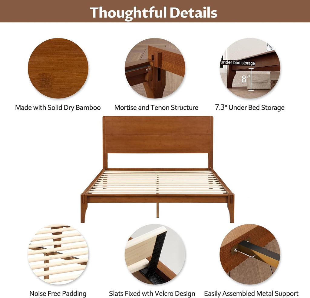 Merax Full Size Bamboo Platform Bed, Mid-Century Modern Bed Frame with Tall Headboard, Solid Sustainable Bedframe Full-Size, Wood Slat Support, No Box Spring Needed, Easy Assembly, Noise Free, Brown