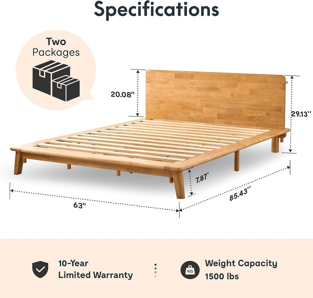 FLEXISPOT Hako G1 Solid Wood Platform Bed Frame Queen,Rubberwood,Tool-Free Assembly,Low Profile Floating,Storage Shelf&Charging Station,Modern Scandinavian Japanese Minimalist,Heavy Duty,Natural Oak