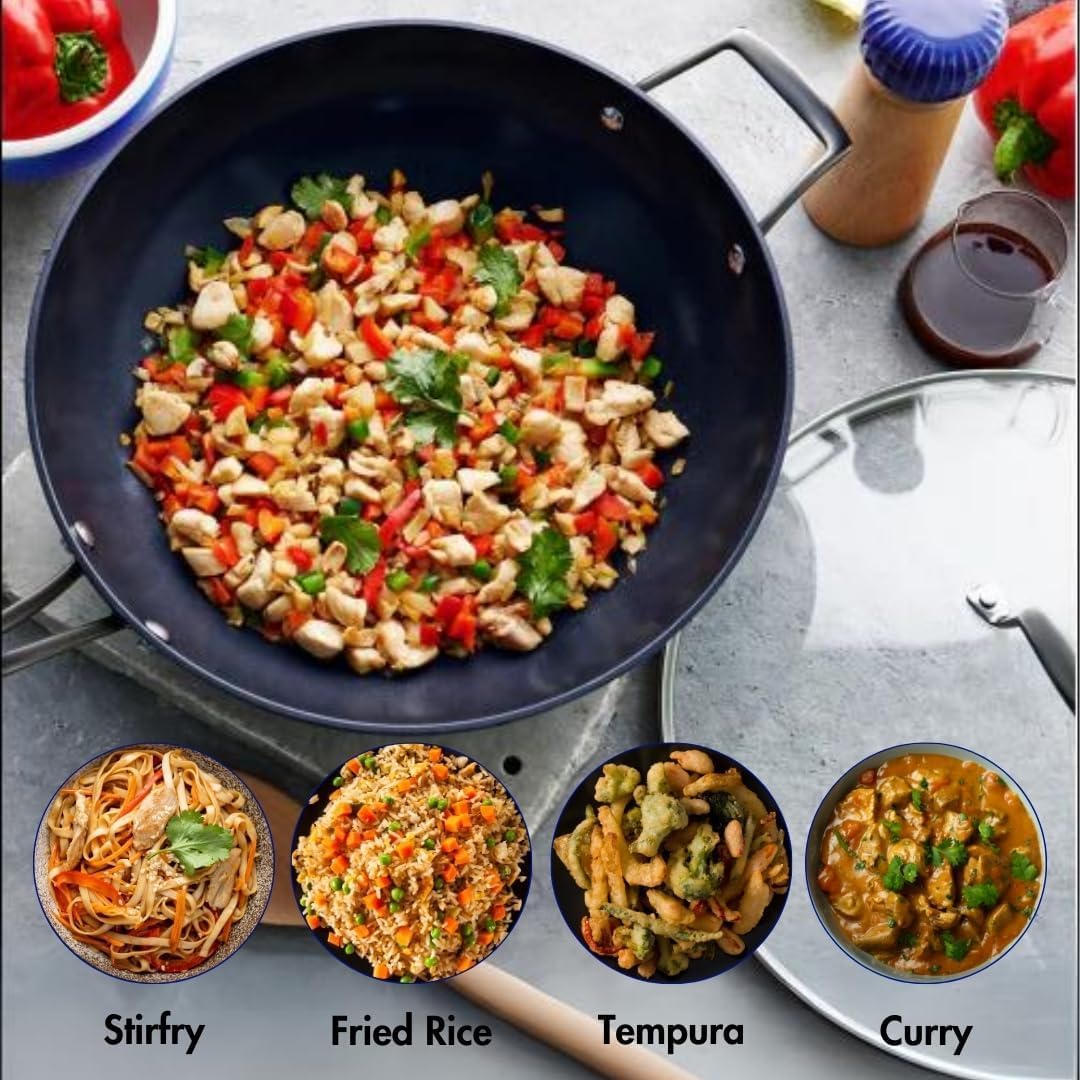 Blu. Cookware 12.6' Wok with Lid, Durable Non-Stick Stir Fry Pan, Non-Toxic, PFA/PFOA-Free, Suitable for All Cooktops, Includes Bamboo Brush