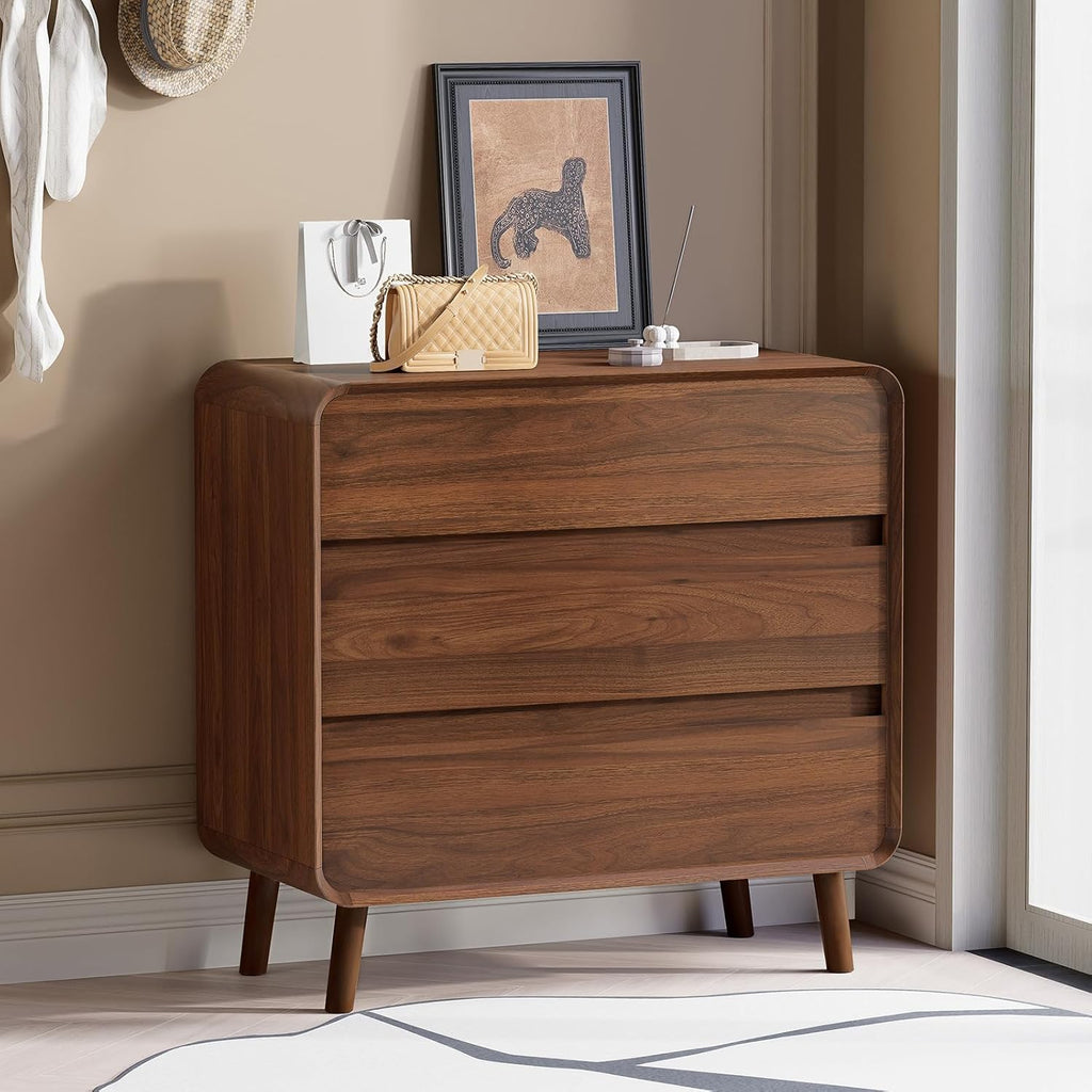 Nasonet Mid Century Modern Dresser and Nightstand Sets 3 Piece, Wooden 3 Drawer Dresser and 3 Drawer Nightstands Sets of 2, Walnut Bedroom Furniture Set