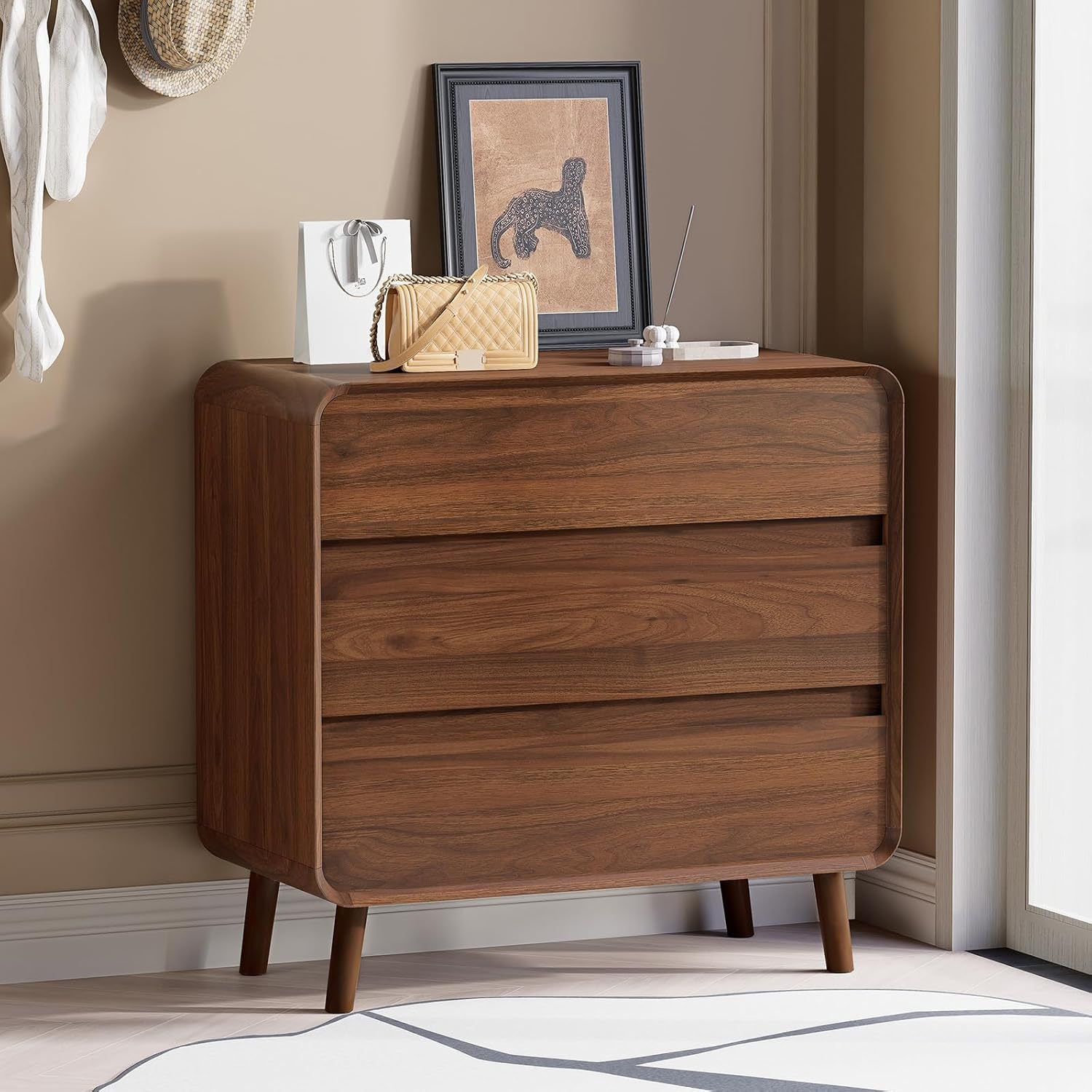 Nasonet Mid Century Modern Dresser and Nightstand Sets 3 Piece, Wooden 3 Drawer Dresser and 3 Drawer Nightstands Sets of 2, Walnut Bedroom Furniture Set