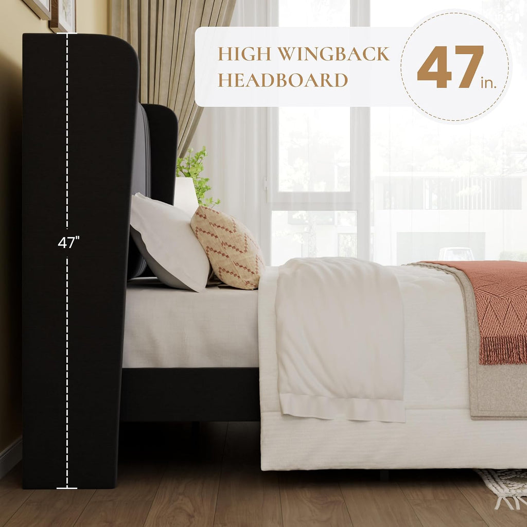SHA CERLIN Queen Size Velvet Upholstered Platform Bed Frame with Vertical Channel Tufted Wingback Headboard, Wooden Slats Support, Easy Assembly, Under Bed Storage, No Box Spring Required, Black