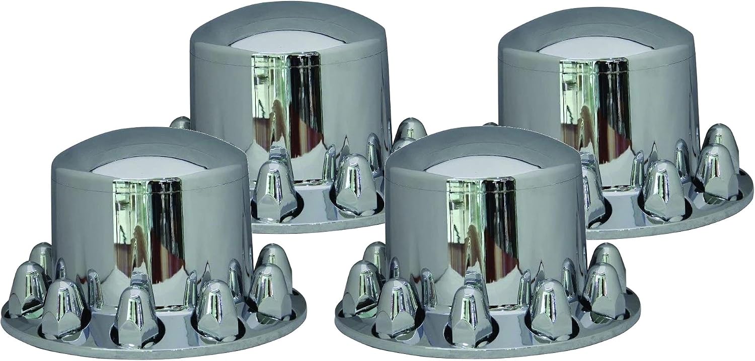 Fortpro QTY-4 Semi Truck Chrome Rear Axle Wheel Cover Kit Hub Cap w/ 33mm Push-On Nuts Covers | F247606-4QTY