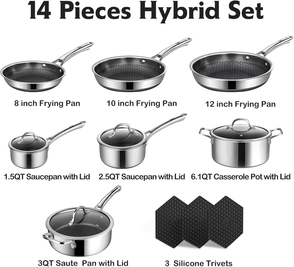 SNOWCLAD Pots and Pans Set Non Stick, 14 Pcs Hybrid Stainless Steel Cookware Sets, Non Stick Frying Pans, Saucepans, Saute Pan & Stock Pot, PFOA Free Kitchen Skillet,Induction Compatible