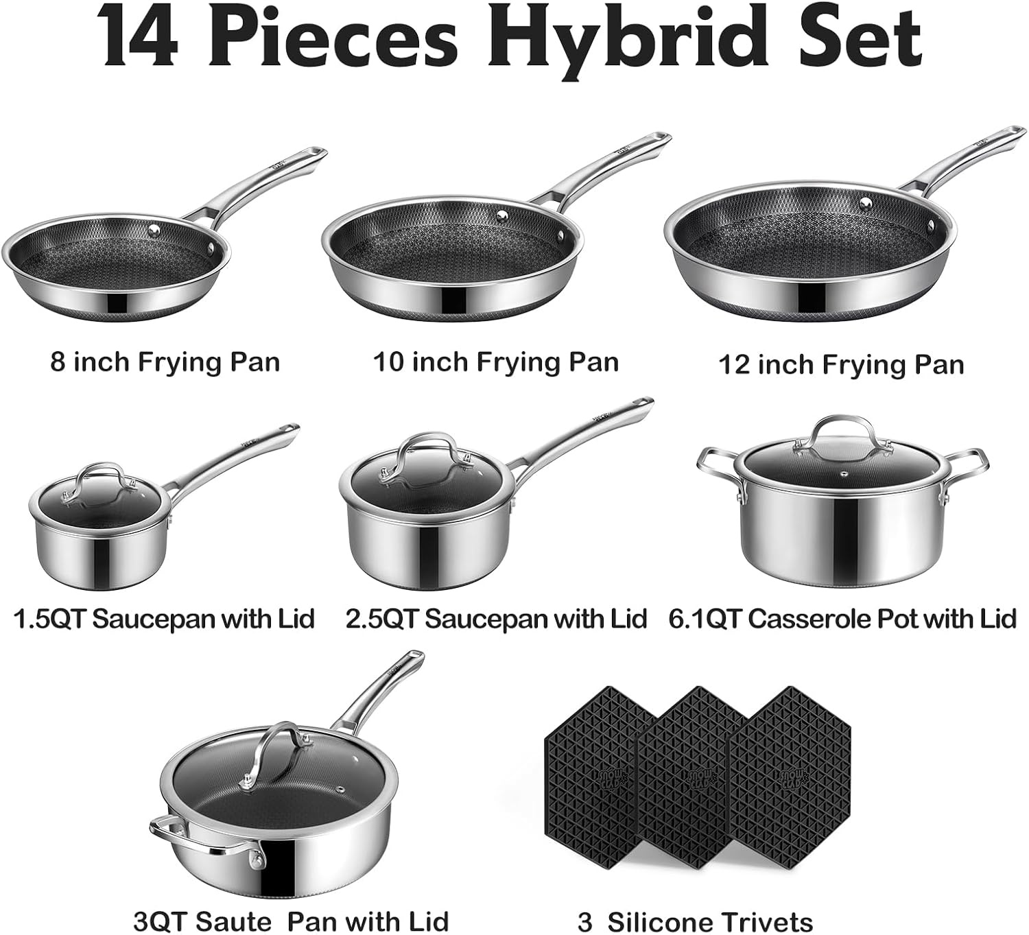 SNOWCLAD Pots and Pans Set Non Stick, 14 Pcs Hybrid Stainless Steel Cookware Sets, Non Stick Frying Pans, Saucepans, Saute Pan & Stock Pot, PFOA Free Kitchen Skillet,Induction Compatible