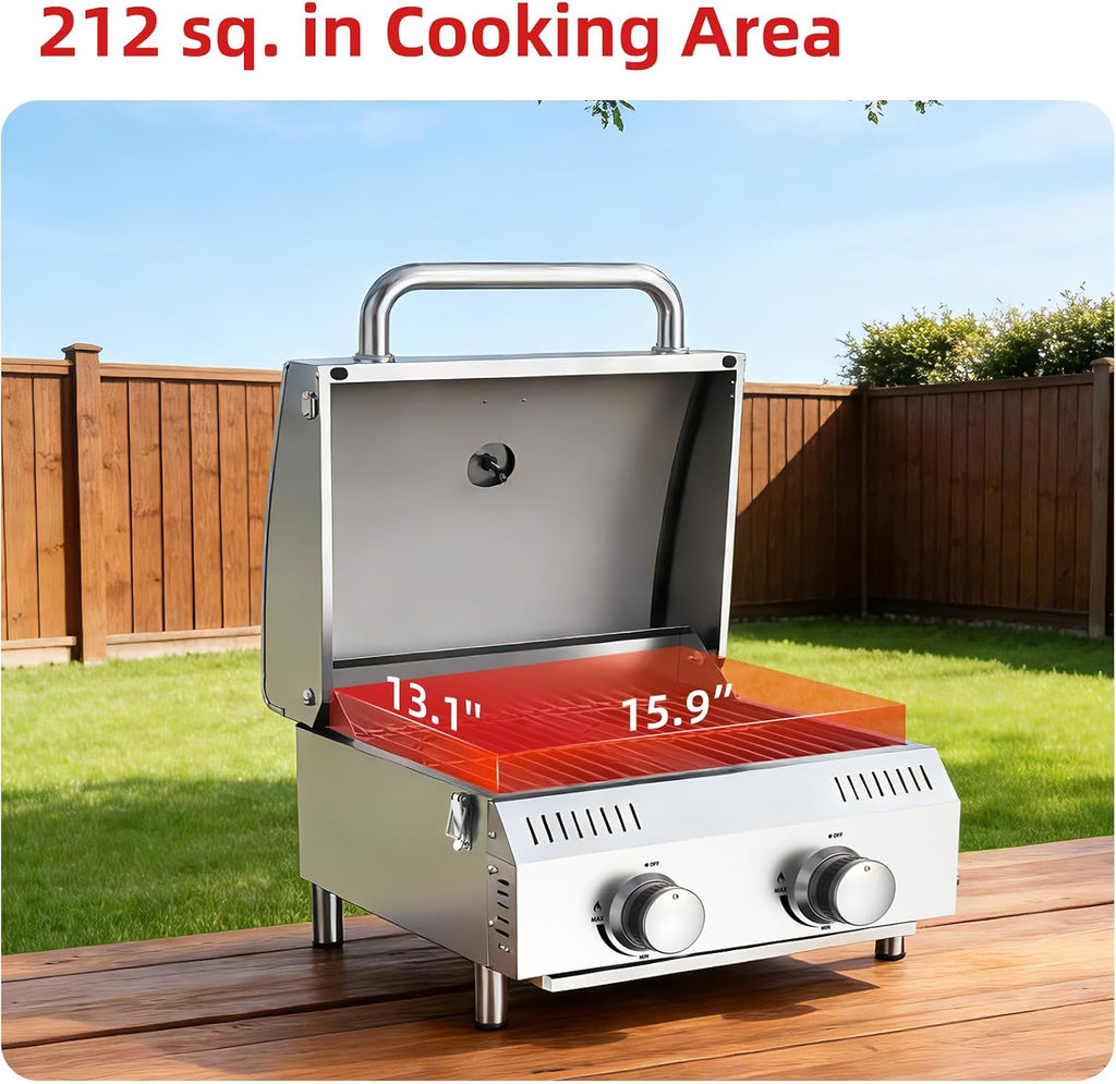 Veralune Tabletop Gas Grill, Small Propane Grill, Portable 2 Burner Gas Grill, Locking Lid, 20,000 BTUs, Built-in Thermometer, Stainless Steel